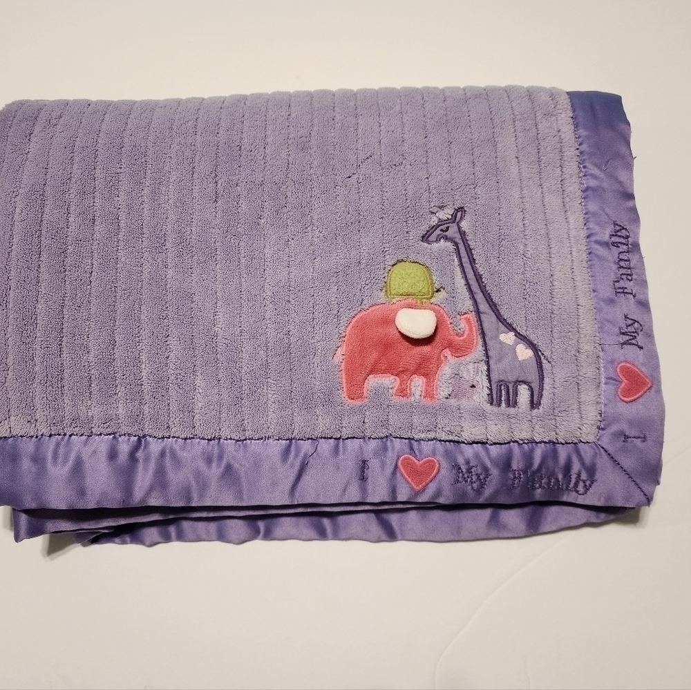 Carter's purple plush blanket I love my family Elephant Giraffe